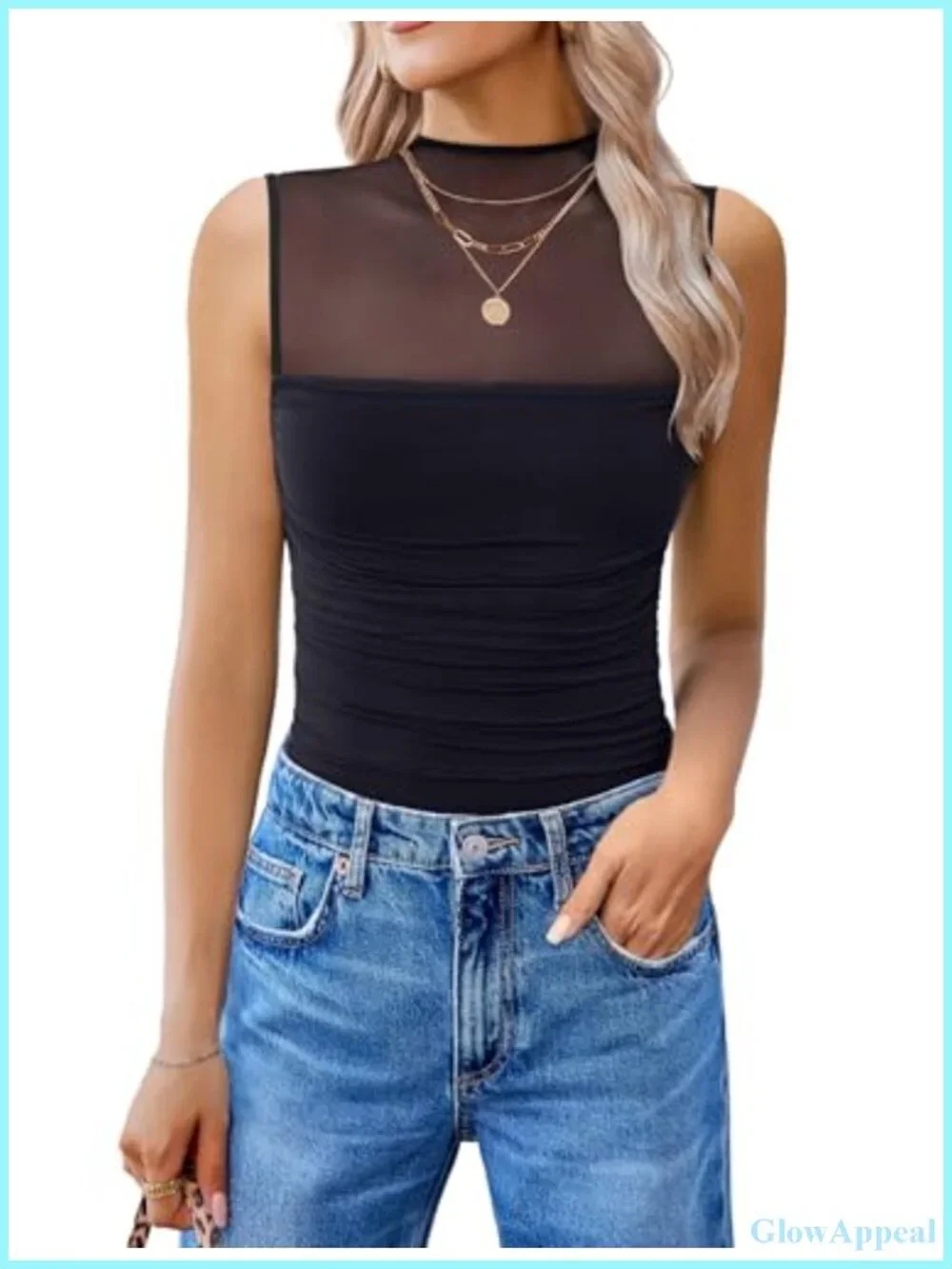 Mock Neck Mesh Bodysuit Ruched Sheer Sleeveless One Piece Going Out Top